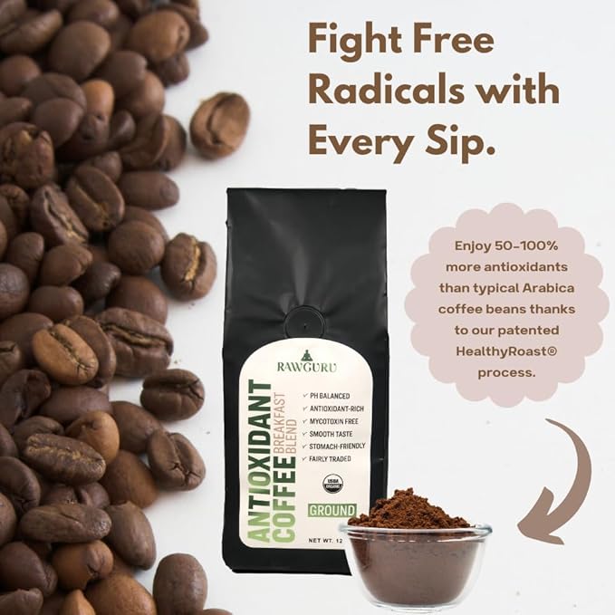 RawGuru Organic Antioxidant Coffee Breakfast Blend Gluten-Free Fairly Traded Shade Grown and Rainforest Alliance Certified Arabica Ground Coffee Pack of 2