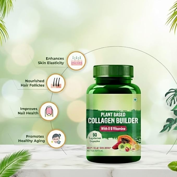 Plant Based Collagen Builder with 8 B Vitamins for Hair and Skin | Collagen Supplement for Women &amp Men | Collagen Capsules with Biotin &amp Vitamin C | Glowing and Youthful Skin (90 Capsules)