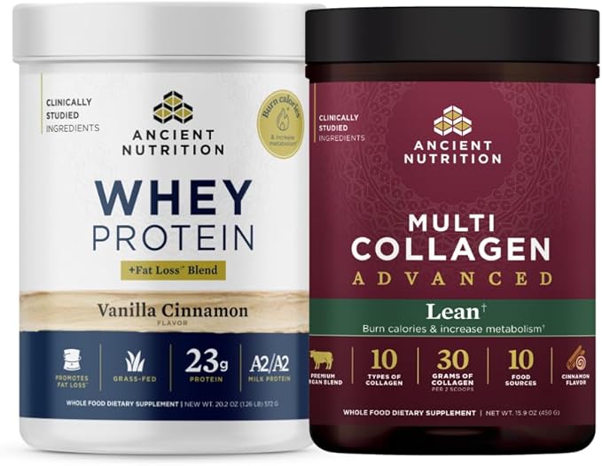 Ancient Nutrition Multi Collagen Advanced Peptides Powder Lean Cinnamon 25 Servings + Grass-fed Whey + Fat Loss Protein Powder Vanilla Cinnamon 18 Servings