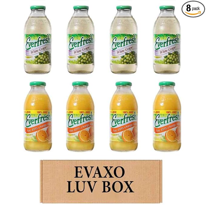 LUV BOX- variety Everfresh Juice 16 oz. pack of 8 Everfresh White Grape Everfresh 100% Orange Juice. by evaxo