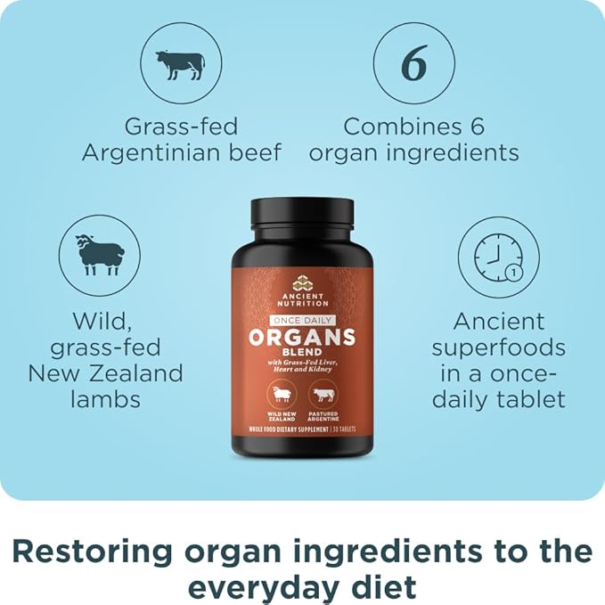 Ancient Nutrition Organ Supplements Once Daily Grass-Fed and Wild Organ Complex Capsules Liver Heart Kidney Supports Organ Cognitive and Immune System Health 30 Ct