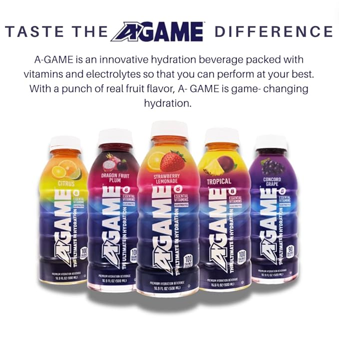 A-GAME Sports Drink Strawberry Lemonade The Ultimate Hydration Sports Beverage for Athletes 8 Essential Vitamins including B C &amp E plus Natural Sea Salt Electrolytes All Natural Flavors &amp