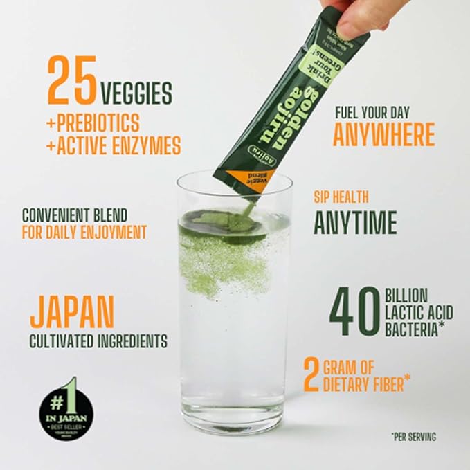 Golden Aojiru Green Superfood Powder – Japanese Barley Grass Juice with 25+ Vegetables Prebiotic &amp Enzymes – Gluten Free Green Juice – 46pcs
