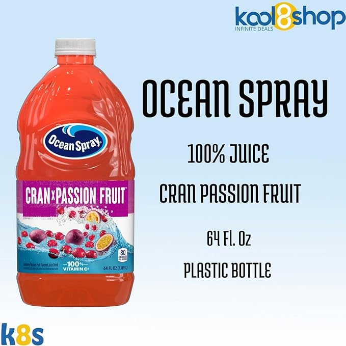 Ocean Spray Passion Fruit Fruit Juice Drink 64 fl oz Plastic Bottle 4 Pack + 15 Sugarcane Disposable Straws by KOOL8SHOP Infinite Deals