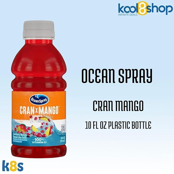 Ocean Spray Cran Mango Fruit Juice Drink 10 fl oz Plastic Bottles 24 Pack + 2 Reusable Snack Bags by KOOL8SHOP Infinite Deals