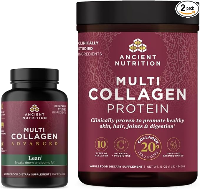 Ancient Nutrition Multi Collagen Advanced Capsules Lean 90 Count + Multi Collagen Protein Powder Unflavored 45 Servings