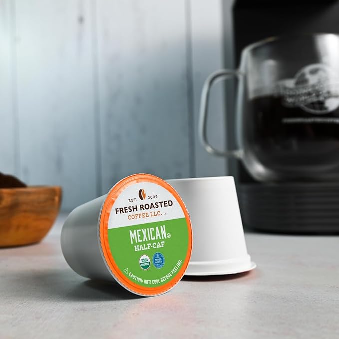 Fresh Roasted Coffee Organic Mexican Water-Processed Half-caf | USDA Kosher | Medium Roast 72 Pods for K Cup Brewers