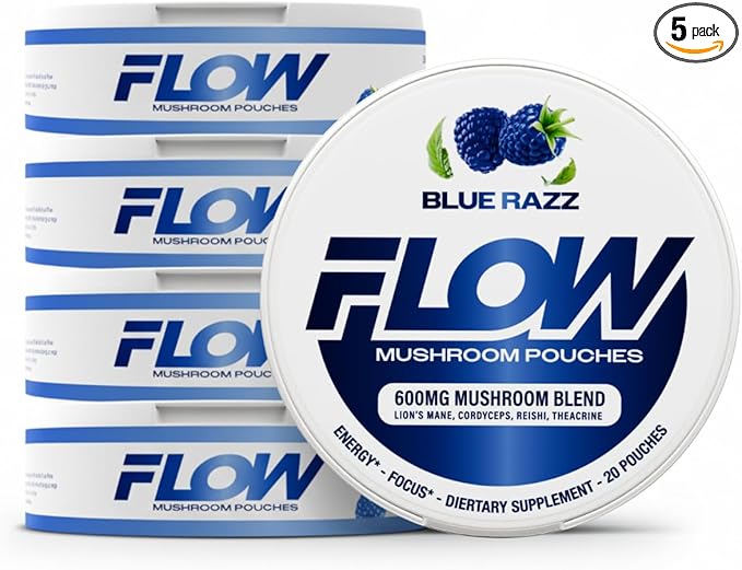 Mushroom Nootropic Pouches - 600mg Organic Mushroom Energy Ultra Pouches with Lion's Mane Reishi Cordyceps for Focus &amp Clean Energy - Zero Caffeine or Sugar (5 Can Pack Blue Razz)