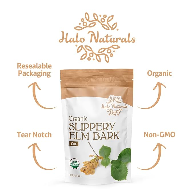 Halo Naturals Organic Slippery Elm Bark Cut 4 Ounces (Ulmus rubra) USDA Certified | Resealable Pouch| Packaged in The USA (Pack of 2)