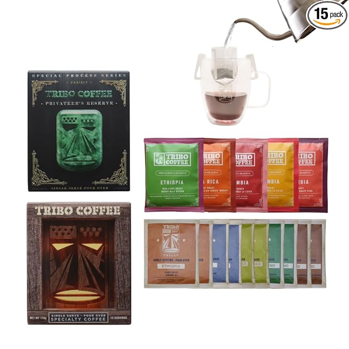Tribo Coffee Single-Serve Portable Pour Over Drip Coffee | The Privateer Classic Bundle | 15-servings