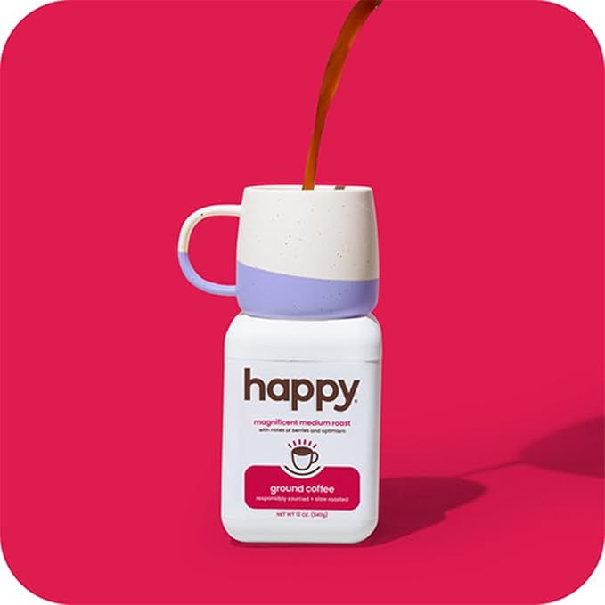 happy coffee medium roast ground coffee 12 oz 2 pack. notes of berries &amp optimism recyclable container grown &amp harvested in Brazil &amp Colombia raíz sustainability verified