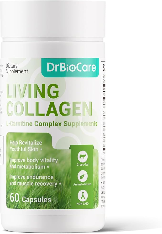 DrBioCare Living Collagen L-Carnitine Complex Supplement Grass Fed Bovine Collagen PeptidesBovine ColostrumCinnamon ExtractMulberry Leaf Extract Non-GMO 60 Capsules