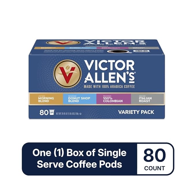 Victor Allen's Coffee Variety Pack (Morning Blend 100% Colombian Donut Shop Blend and Italian Roast) 80 Count Single Serve Coffee Pods for Keurig K-Cup Brewers