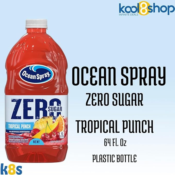 Ocean Spray Zero Sugar Tropical Punch Fruit Juice Drink 64 fl oz 4 Pack + 15 Sugarcane Disposable Straws by KOOL8SHOP Infinite Deals