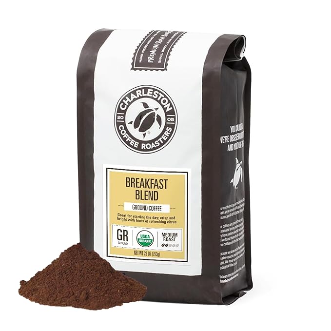 Charleston Coffee Roasters | Specialty Organic Ground Coffee | Hand Picked Premium Slow Roast (Breakfast Blend Medium Roast) 28oz