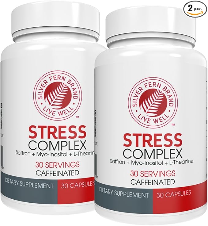 Silver Fern Stress Complex Supplement - with Caffeine - Sleep Worry Mood &amp More - with Saffron Supplements L-Theanine Supplement and Myo-inositol - Natural Stress Relief Supplement (Pack o 2)