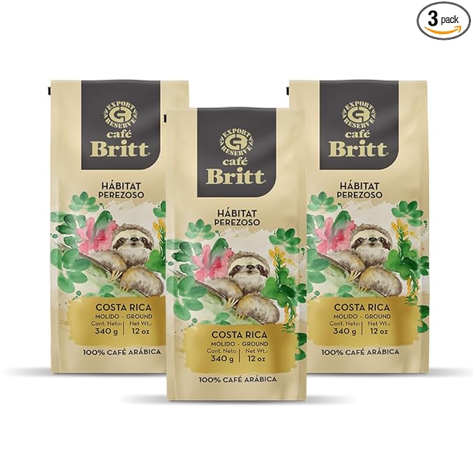 Café Britt® - Costa Rican Habitat Sloth Coffee (12 oz.) (3-Pack) - Ground Arabica Coffee Kosher Gluten Free 100% Gourmet &amp Medium Light Roast