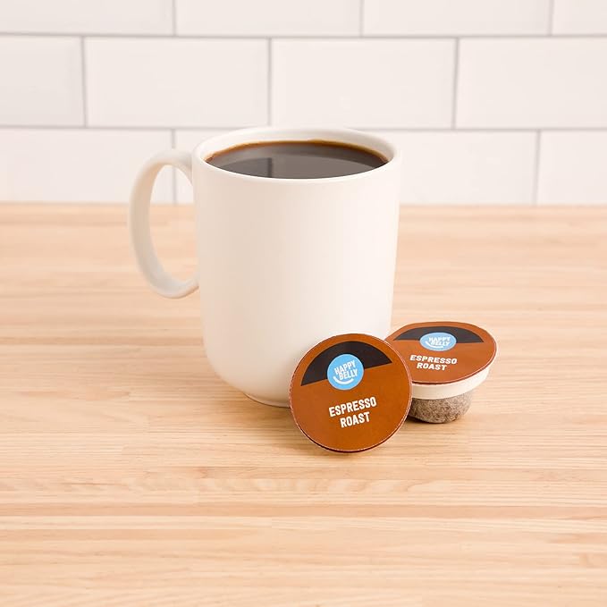 Amazon Brand - Happy Belly Espresso Roast Compostable Coffee Pods (Dark Roast) Compatible with K-Cup Brewer 96 Count