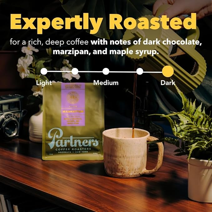 PARTNERS COFFEE ROASTERS - Whole Bean Coffee (Manhattan - Dark Roast) 12oz (2 Pack) - Rich Deep &amp Flavorful Omniroast - Whole Coffee Beans - Lab Tested for Mycotoxins &amp Heavy Metals - Hand R