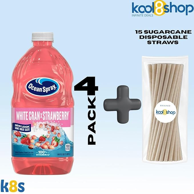 Ocean Spray White Cran Strawberry Juice Drink 64 fl oz Plastic Bottles 4 Pack + 15 Sugarcane Disposable Straws by KOOL8SHOP Infinite Deals