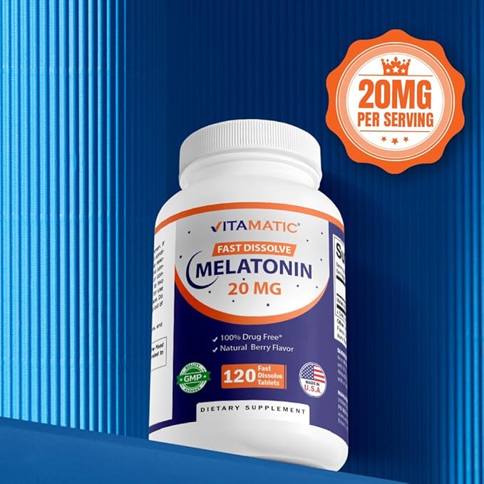 Vitamatic Melatonin 20 mg Tablets –Natural Berry Flavor – 120 Vegetarian Tablets per Bottle – 6 Bottles (Total 720)
