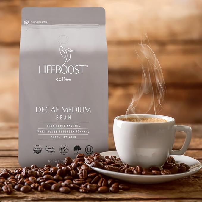 Lifeboost Medium Roast Swiss Water Decaf Whole Bean Coffee - Low Acid Organic Decaf Coffee Non-GMO USDA Organic Single Origin Third-Party Tested for Mycotoxins &amp Pesticides - 12 oz Bag