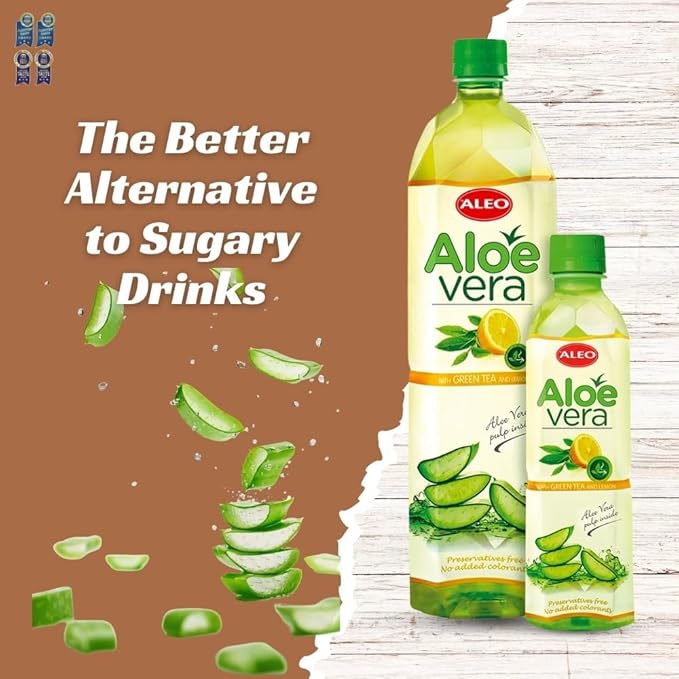 ALEO 0.5L Premium Green tea and Lemon Aloe Vera Drink - Natural No Preservatives No Artificial Colors Superior Taste Award 2025
