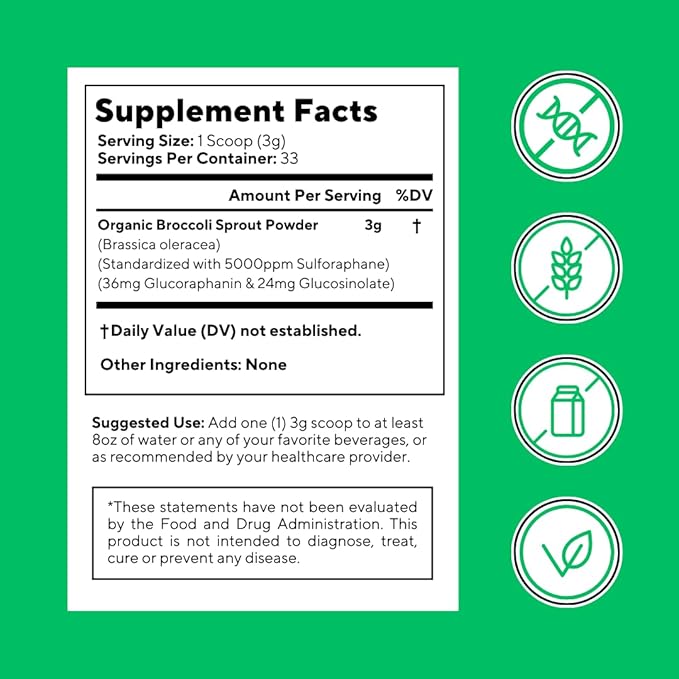 Vitapia Organic Broccoli Sprout Powder for Sulforaphane Antioxidant Brain Skin Heart Health Support - 100g Powder Supplement &amp 33 Day Supply - Non-GMO Gluten-Free Vegan-Friendly