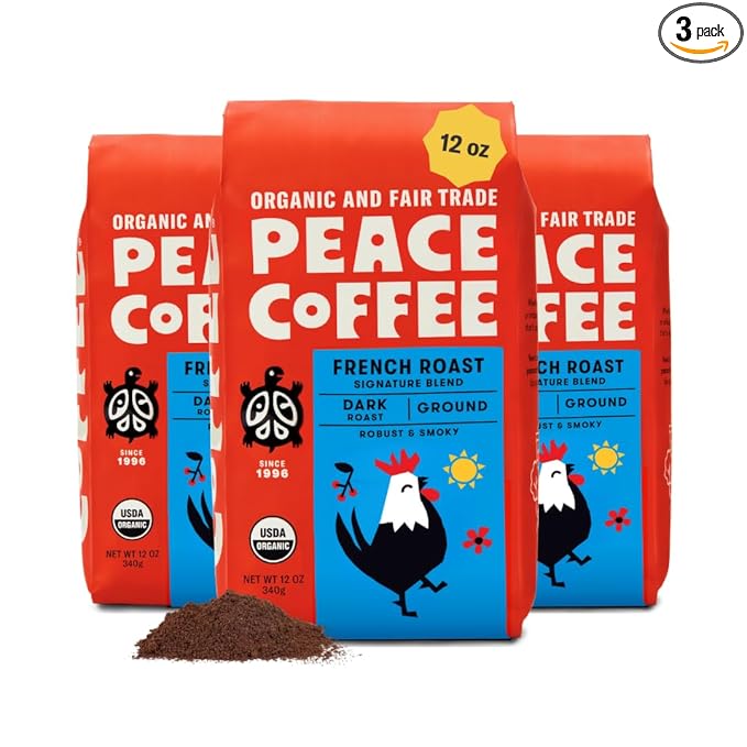 Peace Coffee French Roast Ground Dark Roast 12 oz Pack of 3 Organic Fair Trade Nutty Bold Flavor Shade Grown Fresh Roasted