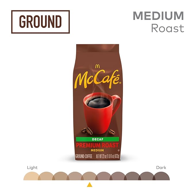 McCafe Premium Roast Decaf Ground Coffee Medium Roast Decaffeinated Premium Quality Responsibly Sourced Kosher Certified 22oz. Bag
