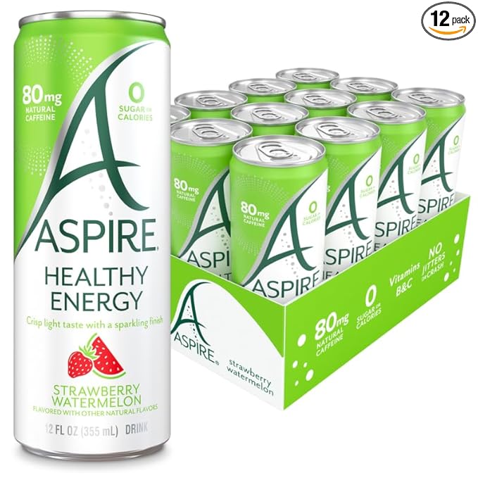 ASPIRE® Strawberry Watermelon Healthy Energy Drink 80mg Natural Caffeine Zero Sugar No Carbs Keto Friendly 12 Pack Green Tea Sugar Free Drink Low Caffeine Zero Calorie