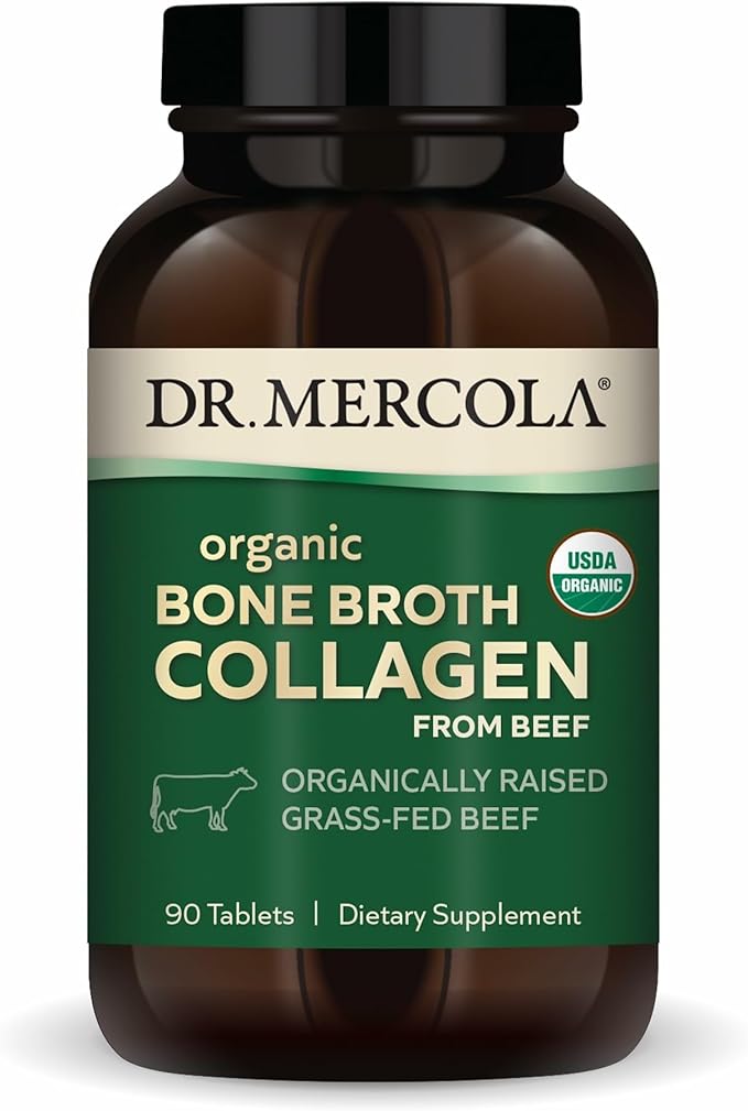 Dr. Mercola Organic Bone Broth Collagen – Organically Raised Grass-Fed Beef – Dietary Supplement – Supports Bone and Joint Comfort – USDA Organic Non-GMO – 30 Servings (90 Tablets)