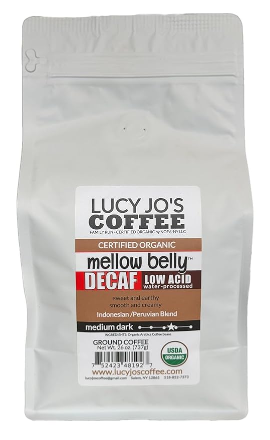 Lucy Jo's Coffee Organic Decaf Mellow Belly Low Acid Blend Medium Dark GROUND 26 oz
