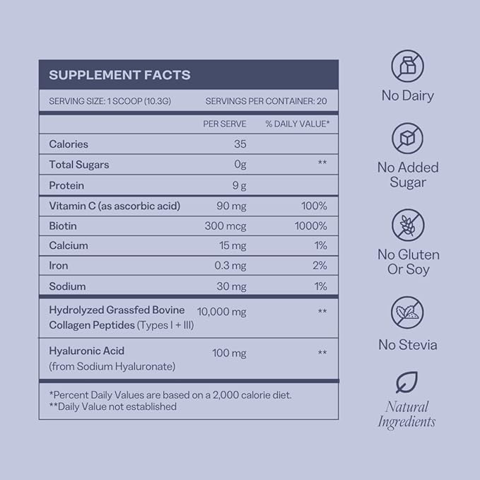 Collagen Powder for Women Beauty Blend with Vitamin C Biotin &amp Hyaluronic Acid Supports Hair Skin &amp Nails 20 Servings Grass-Fed Bovine Unflavored
