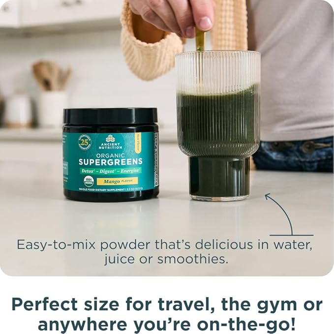 Ancient Nutrition SuperGreens Powder with Probiotics Organic Mango Flavor Greens Made from Real Fruits Vegetables and Herbs Digestive and Energy Support 12 Servings 3.3oz