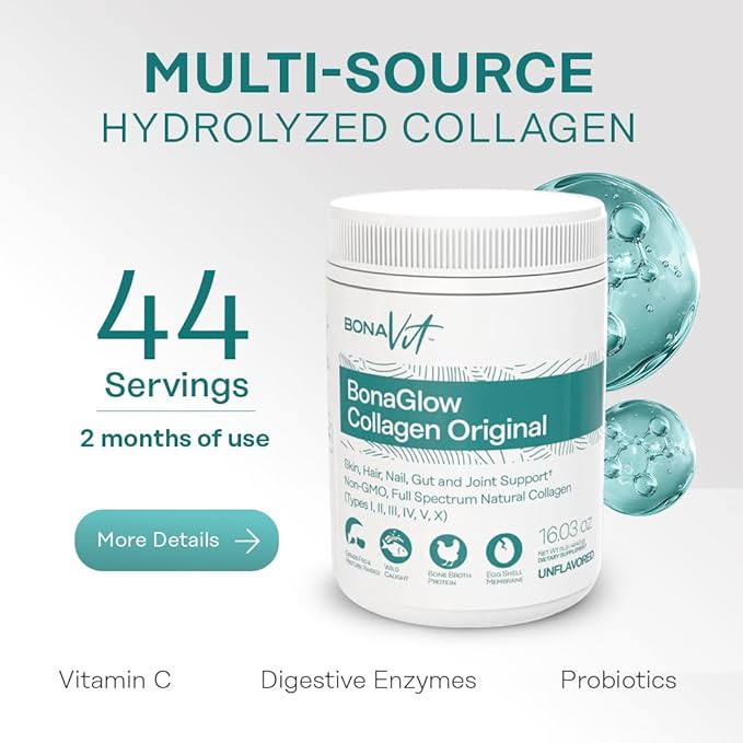 Multi Collagen Peptides - Types I II III IV V &amp X - Premium Hydrolyzed Collagen Powder for Women &amp Men - with Vitamin C Digestive Enzymes &amp Probiotics - 44 servings - BonaGlow Unflavo