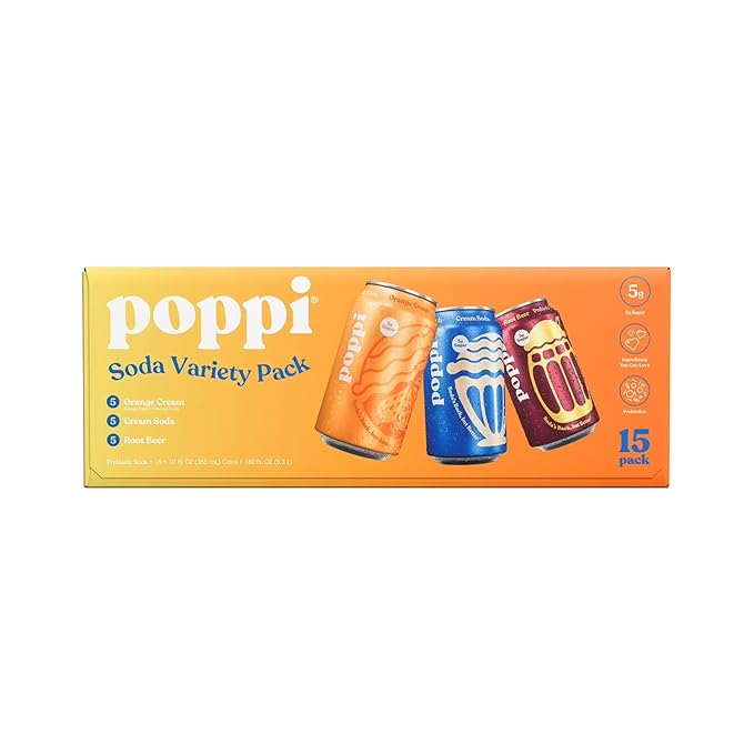 Poppis Prebiotic Soda Cream Variety Pack (15 Pack) - 12 fl oz Cans - Low Sugar Low Calorie Sparkling Juice - Root Beer Orange Cream &amp Cream Soda