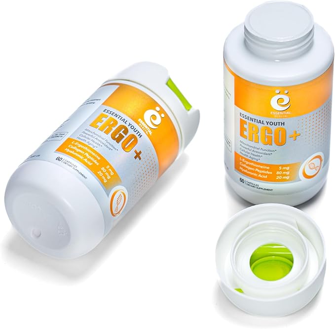 Essential Youth L-Ergothioneine with Collagen Peptides Hyaluronic Acid Vitamin C and E – Promotes Longevity &amp Healthy Aging – Gluten-Free – Non-GMO - 60 Capsules