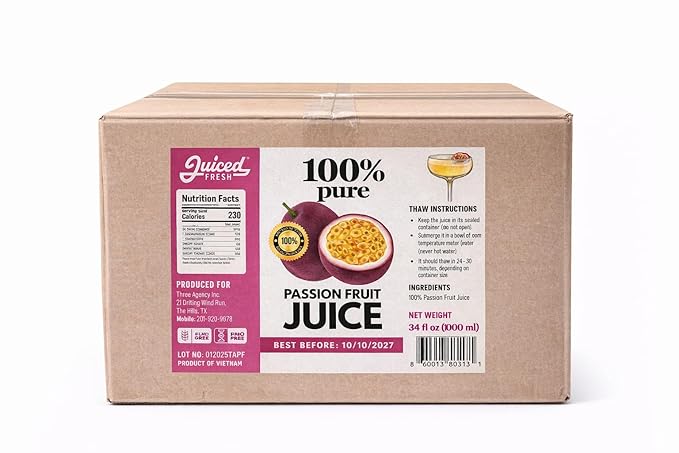 Juiced Fresh 100% Pure Passion Fruit Pulp Frozen 33 fl oz Pouches 10 Count No Preservatives All Natural (22Lbs)