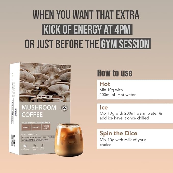 Namhya Ayurveda Mushroom Coffee for Cognitive &amp Immune Support with Lion's Mane Turkey Tail Cordyceps &amp Reishi Mushrooms - Caffeine Free Instant Coffee for Focus Memory &amp Everyday Welln
