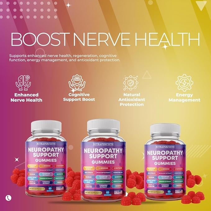 Sugar Free Neuropathy Support Gummies for Nerve – Enhanced Nerve Health Regeneration Cognitive Support with Vitamin B1 B6 B12 Magnesium ALA Turmeric CoQ10 &amp More