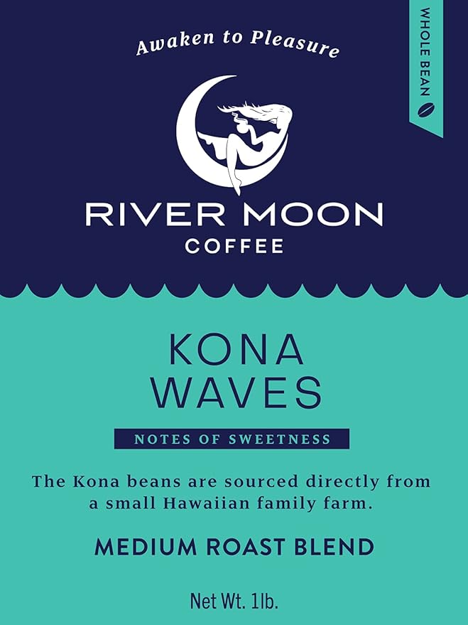 River Moon Coffee Kona Coffee Whole Bean Medium Roast 16 Ounce Kona Waves Hawaiian Blend Sustainably Farmed 100% Arabica