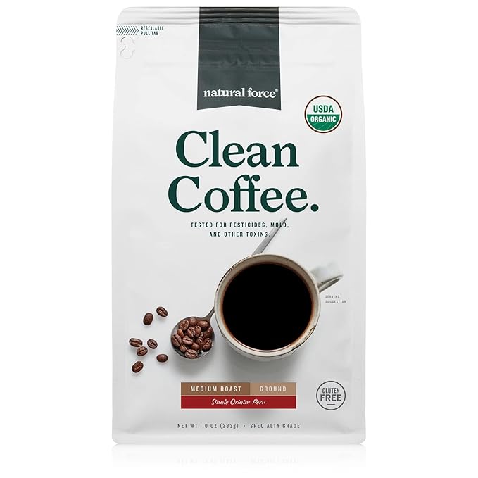 Natural Force - Organic Clean Coffee Classic Mold &amp Mycotoxin Free Lab Tested for Toxins &amp Purity Low Acidity Incredible Taste &amp Aroma Ground Medium Roast 10 oz