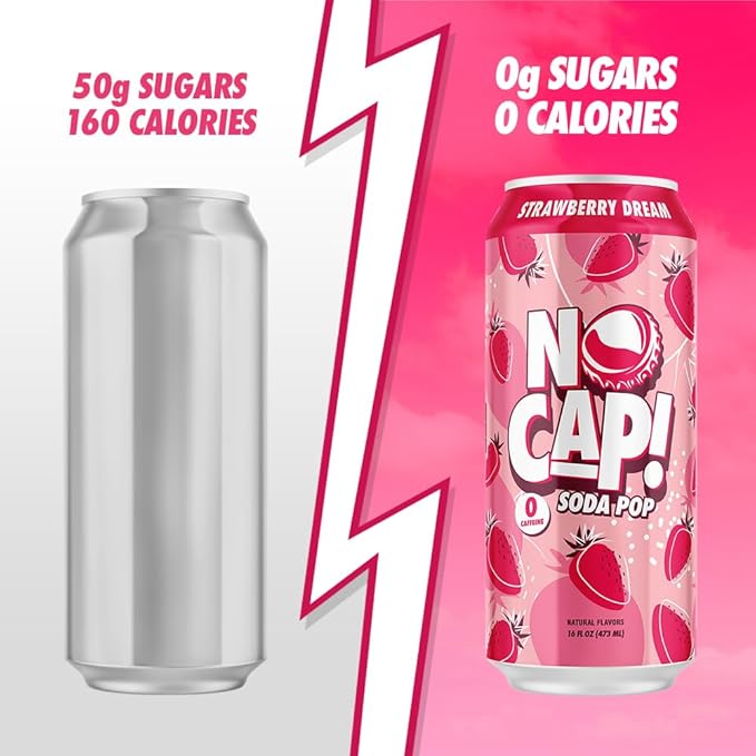 NO CAP! Next Gen Soda Pop with Zero Sugar Zero Calories and Electrolytes for Hydration Naturally Flavored Caffeine-Free Soda Vegan &amp Gluten-Free 16 oz Cans (Strawberry Dream)