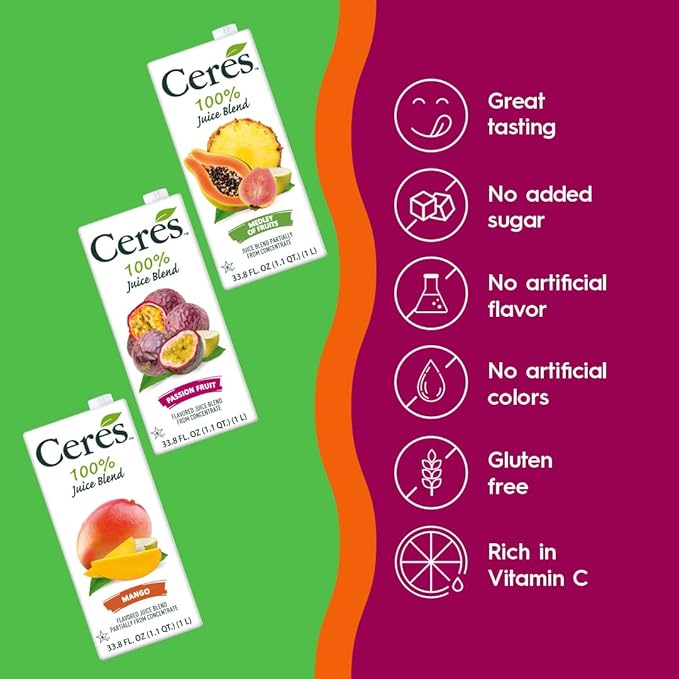 Ceres 100% All Natural Pure Fruit Juice Blend Variety Pack - Mango Medley of Fruits &amp Passion Fruit - Rich in Vitamin C No Added Sugar Gluten Free &amp Kosher Free - 33.8 FL OZ (Pack of 6)