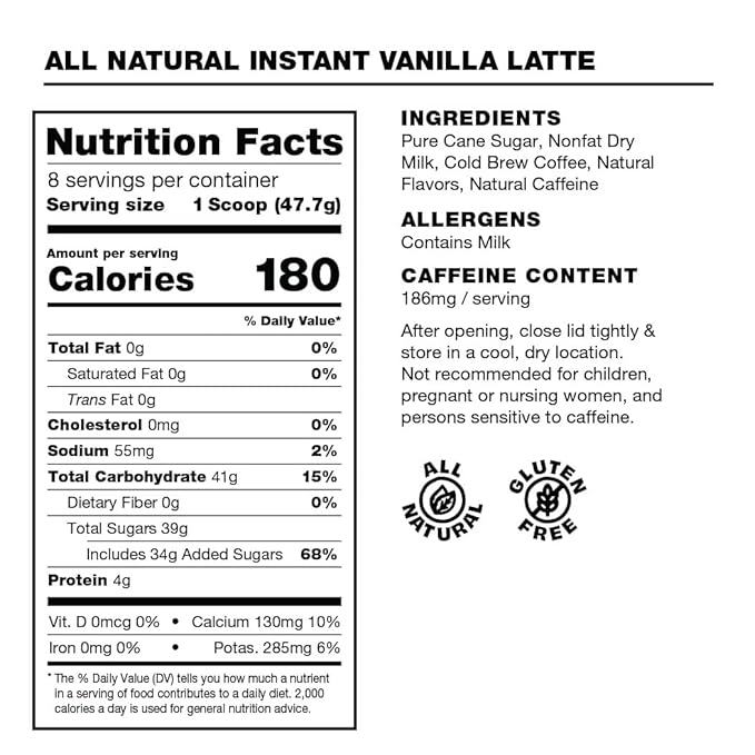Premium All-Natural Vanilla Flavored Instant Coffee Cold Brew Latte Mix - 8 Servings - High Caffeine Rich &amp Flavorful Gluten-Free Convenient | MADRINAS