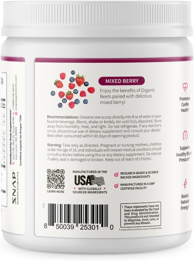 Snap Supplements Organic Beet Root Powder Nitric Oxide Supplement for Men &amp Women Red Spinach &amp Pomegranate Supports Healthy Energy &amp Blood Pressure Already in Normal Range 30 Servings