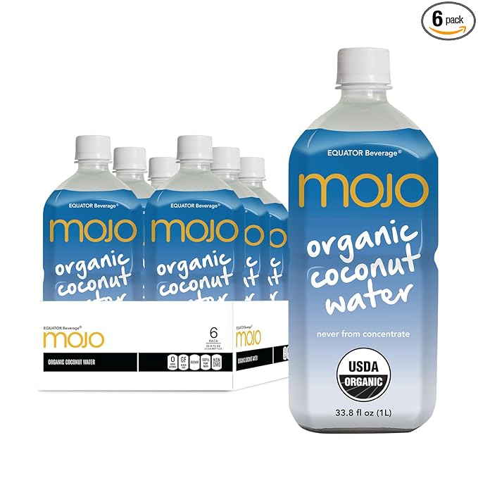 MOJO Organic Coconut Water | Hydration Drink &amp Sports Drink | Electrolytes Beverage 1043 mg | Vitamin B &amp C | Hydration Drink for Skin &amp Body | 33.8 Oz (Pack Of 6)