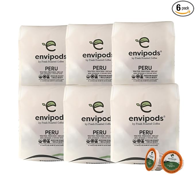 Fresh Roasted Coffee USDA Organic Peru Water-Processed Decaf envipods | 3rd Party Tested for Pesticides Mold Mycotoxins Kosher BPI Compostable | Med Roast 72 CT Pods for K Cup Brewers