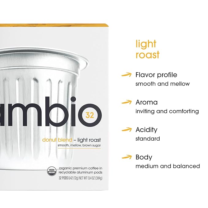 Cambio Roasters Organic Coffee Pods - Donut Blend Light Roast The Only Organic Recyclable Aluminum Coffee Pods Small Batch Roasted Keurig® Compatible Balanced Flavor Longer Lasting Freshness 60